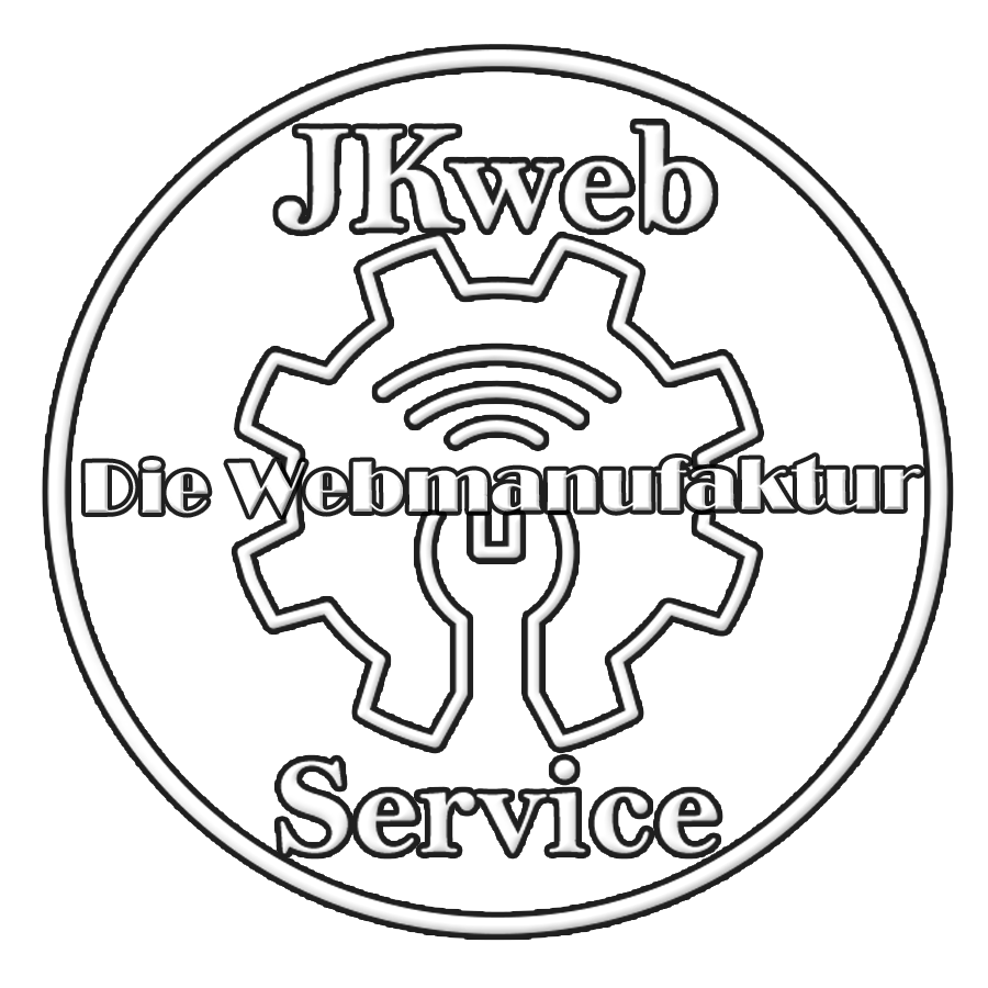 Aktuelles JKweb Logo. Zu sehen ist ein kreisrundes Logo. Oben stehen die Worte JKweb, unten steht Service und in der Mitte steht Die Webmanufaktur und in dem Kreis befindet sich als Grafik ein fast geschlossenes Zahnrad.